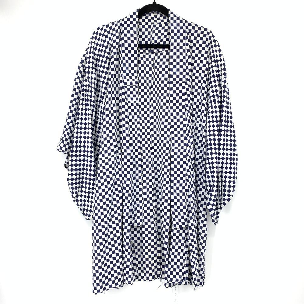 Vintage Kimono Duster Open Front Robe Womens One Size Blue White Checkered